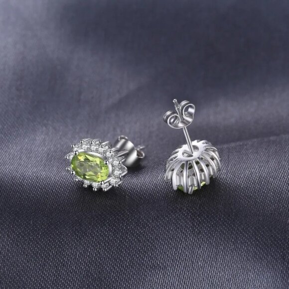 Jewelry earrings stud halo oval green peridot 925 silver August birthstone - Picture 2 of 4